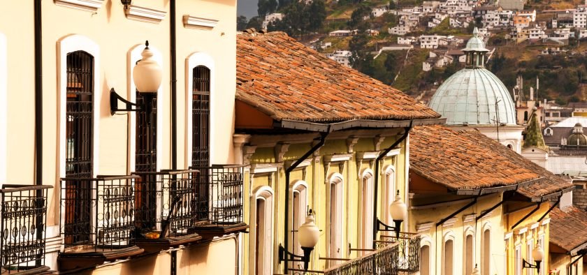 Row of historic colonial buildings in Quito, Ecuador