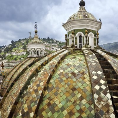 The domes of the Santo Domingo Church in Quito in Ecuador, South America.